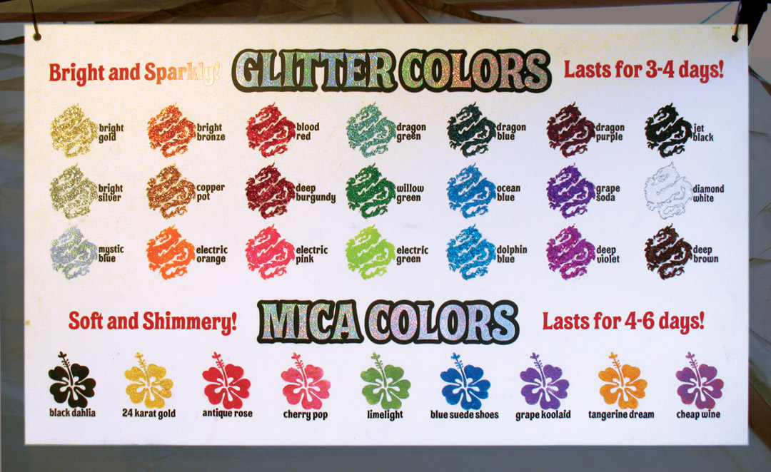 We decided to show off the glitter and mica colors this way, because the client can get a comparison of all the colors at once. A MUCH easier way for kids to make up their minds!
image
